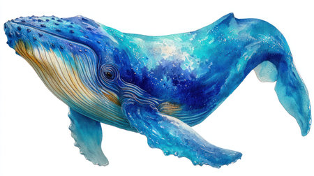 A digital illustration features a large blue whale against a clean white backdrop. The artwork showcases a dynamic composition with various shades of blue and hints of yellow. This image could be used for educational materials, design projects, or general decorative purposes. It's suitable for both print and digital applications.の素材