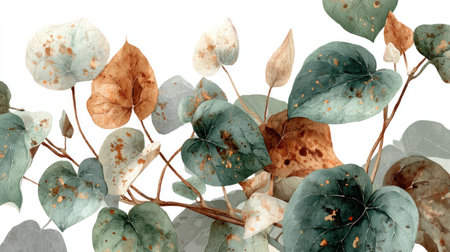 This watercolor illustration showcases a detailed arrangement of leaves and stems. The artwork features a palette of green, brown, and gold tones, creating a natural, organic aesthetic. The composition utilizes a close-up perspective, suggesting a botanical study. It is suitable for diverse applications, including design projects and decorative elements.の素材