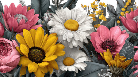 A close-up view presents a diverse floral composition featuring various flower types and colors. The arrangement showcases a range of hues, including pink, yellow, and white, alongside green leaves, against a white background. This visual could be utilized for decorative, illustrative, or artistic applications.の素材
