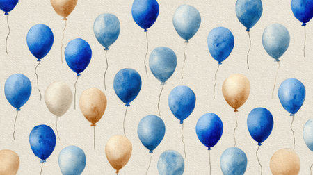 Numerous watercolor balloons in varying shades of blue, beige and gold are presented against a neutral backdrop. The artistic style suggests a celebratory or decorative theme, with soft textures and diffuse lighting creating a gentle atmosphere. Suitable for use in design projects or related applications.の素材