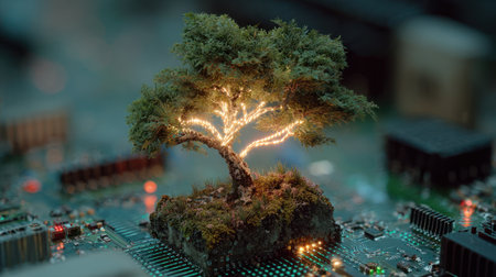 A small tree with glowing lights stands on a circuit board, suggesting a blend of nature and technology. The image showcases a close-up perspective with a soft focus, emphasizing the contrast between the organic tree and the electronic components. This visual could be used in diverse commercial and editorial applications.の素材