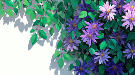 This image presents a cluster of vibrant purple flowers and lush green leaves. The composition features a white background, creating a contrast that highlights the colors. The lighting casts shadows that add depth to the scene. Suitable for a range of creative projects.の素材