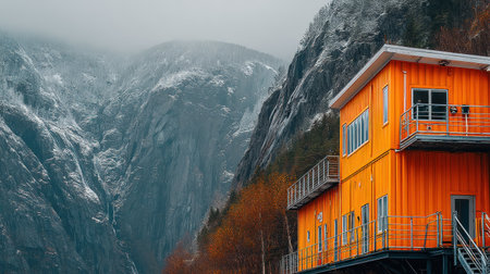 An orange building stands juxtaposed against a towering mountain. The image showcases a modern architectural design with a contrasting backdrop of rugged terrain. The composition is marked by a diffused, overcast light, which adds to the atmospheric quality. Suitable for travel blogs, real estate, and landscape presentations.の素材