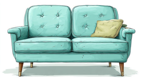 An illustration depicts a turquoise sofa featuring a soft pillow. The artwork exhibits a cartoon style with visible pencil lines and shading. The lighting appears soft and even, suggesting an indoor setting. This image could be used for various design projects, including home decor and advertising campaigns.の素材