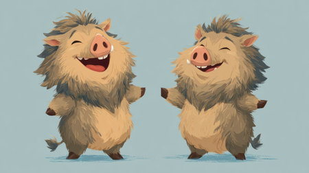 Two cartoon boars stand side by side, radiating joy with wide smiles and open arms. They exhibit a warm color palette with textured fur details and a simple style. Soft lighting and a plain background contribute to a friendly and inviting composition, perfect for various illustration projects.の素材