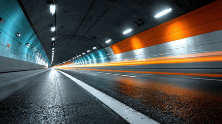 An interior shot features a tunnel with a road leading towards a bright light. The image displays a long exposure capturing motion through streaks of light. Colors include blue, orange, and gray with sleek lines. Suitable for concepts of transportation and travel, it might be used in editorial or commercial projects.の素材