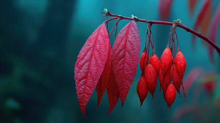 Close-up captures a branch adorned with vividly red leaves and berry clusters. The sharp focus on the foliage contrasts with a soft, teal-toned background. The image exhibits rich color and texture, with potential applications in various design and illustrative projects. It may suit commercial usage, as well as editorial purposes.の素材