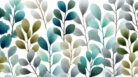 This watercolor illustration features multiple leafy branches in varying shades of green, blue, and gray, set against a pristine white backdrop. The soft, textured brushstrokes create a delicate and artistic aesthetic. Suitable for various applications, this image offers a versatile visual element for both commercial and editorial uses.の素材