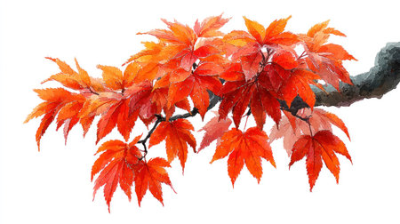 Bright red maple leaves are displayed on a branch against a clean white backdrop. The composition highlights the vibrant colors and detailed texture of the leaves. This image showcases natural elements and could be used in various commercial or editorial applications such as advertising or design projects.の素材