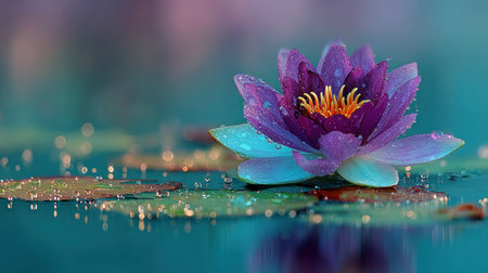 A close-up captures a water lily, showcasing purple petals with teal edges. The flower floats on a surface of water, reflecting the flower's form. Water droplets add texture. The composition utilizes shallow depth of field, with soft lighting. Potential uses include designs, illustrations, and other creative projects.の素材