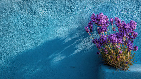 A close-up captures lavender flowers against a rough, turquoise wall. The composition features strong shadows and highlights from direct sunlight. The scene suggests an outdoor setting, possibly a garden or patio. It is suitable for various commercial uses, including website design, advertising, and editorial content.の素材