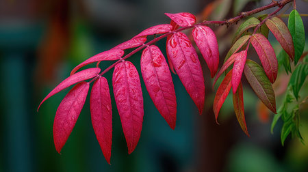 Close-up of eye-catching red leaves on a branch displays natural textures and colors. The image captures the leaves against a softly blurred green background, suggesting an outdoor environment. This photograph can be used for various commercial or editorial applications such as articles about nature or seasonal changes.の素材