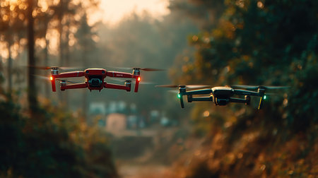 Two drones are captured mid-flight, showcasing modern aerial technology. The image presents a blurred background with trees and natural light. Drones' designs with bright lights provide visual contrast against the outdoor setting. This imagery can be used for promotional material or editorial content.の素材