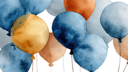 This image presents a collection of watercolor balloons in varying shades of blue, orange, and yellow. The artistic style features soft textures and a loose, flowing composition. The balloons appear against a plain white background, suggesting a potential for use in designs for celebrations, decorations, or general creative projects. The image avoids specific context.の素材