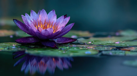 A close-up view presents a blooming water lily with layered purple petals. The flower is set against a blurred background, with reflections in the dark water below. The image exhibits a high level of detail and color contrast, suggesting potential use in various design projects or visual storytelling.の素材