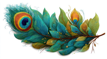 This image presents a detailed illustration of a peacock feather, showcasing a blend of green, blue, and yellow hues. The composition highlights intricate textures and patterns. The artwork appears to be a studio shot with a white background. It can be used for various commercial projects and editorial content.の素材