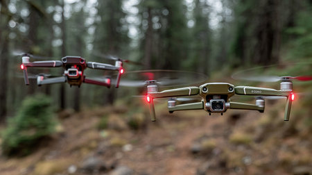 Two drones are captured in flight amidst a forest environment, showcasing their propellers in action. The image displays the technology of aerial devices, with a focus on their construction and operational use. The natural light of the outdoors is present. This image could be used for articles, advertising, or commercial applications.の素材