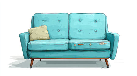 An illustration depicts a turquoise sofa featuring a single pillow and a suitcase. The image showcases a vibrant color palette, likely a digital painting or vector. The composition is clean, ideal for various design uses. It could serve advertising or editorial purposes. The background is pure white.の素材
