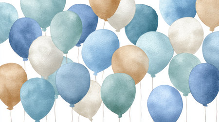 Numerous watercolor balloons in varying shades of blue, beige, and white are presented against a clean white background. The composition employs an overhead perspective with soft lighting and subtle textures, suggesting a whimsical, festive atmosphere. Suitable for a range of decorative or commercial purposes.の素材