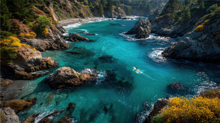 A vibrant coastal scene displays clear turquoise waters winding through rugged rock formations. Lush greenery and patches of yellow foliage line the banks, suggesting a sunny day setting. The image is likely suitable for travel, nature, or environmental themes in commercial projects.の素材
