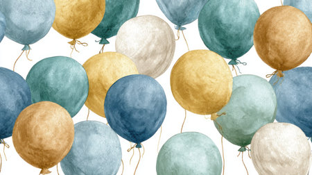 This image features numerous watercolor balloons of varying colors, including blue, yellow, and white, arranged against a clean white background. The composition highlights the soft textures and artistic style, with gentle lighting. The arrangement suggests potential uses for festive designs or celebratory themes in various applications.の素材