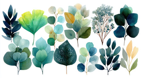 This watercolor illustration showcases assorted leaves and branches in varying shades of green, blue, and yellow. The artistic style features soft textures and a clean, white background. It presents a collection of natural elements, potentially useful for design projects related to nature, decoration, or environmental themes.の素材