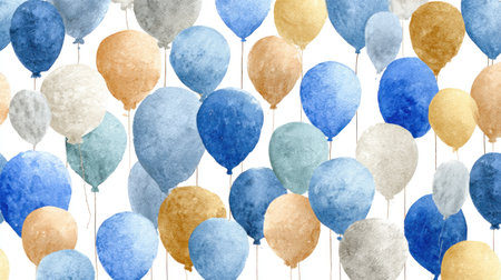 An array of watercolor balloons floats against a white backdrop. The balloons display a variety of blue, gold, and white hues, with a texture suggestive of painted strokes. This composition offers a light, airy feel and could be suitable for various celebratory designs or backgrounds.の素材