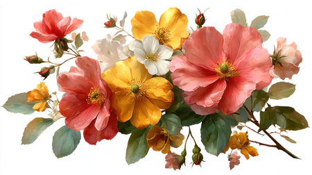 This watercolor illustration showcases a detailed arrangement of roses and other flowers, rendered in a soft, painterly style. The composition features a variety of colors, including pink, yellow, and white, with green foliage. The artwork suggests a natural setting and is suitable for various commercial uses, such as design projects and print materials.の素材