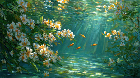 An artistic depiction presents an underwater environment with sunlight streaming through the water. White flowers with yellow centers and small, orange fish swim among the green and turquoise hues. The image showcases a sense of peace and natural beauty, possibly suitable for various commercial or editorial applications.の素材