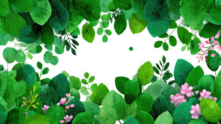 An image showcases a variety of green leaves and delicate pink flowers arranged to frame an open white space. The composition features a natural, artistic style, with varying shades of green dominating the scene. The overhead lighting enhances the vibrant colors, suitable for diverse creative applications.の素材