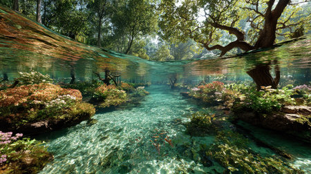 An ethereal underwater perspective captures a vibrant stream surrounded by dense vegetation and trees. The clear water reveals aquatic plants and a rocky riverbed. Natural light illuminates the scene, highlighting the green and brown tones. This imagery could be utilized for environmental, nature, or serene landscape projects.の素材
