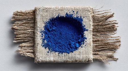A close-up captures a bright blue pigment powder contained within a square piece of textured fabric. The fabric exhibits a coarse weave and is surrounded by frayed edges. The composition, lit by overhead lighting, sits against a neutral background. Suitable for illustrative or design purposes.の素材