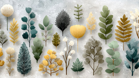 This image showcases a collection of watercolor illustrations of various botanical elements, including leaves and stylized flowers. The artwork features a range of colors, textures, and styles, suggesting a natural and organic aesthetic. These illustrations could be used for various purposes, like design projects, or editorial content.の素材