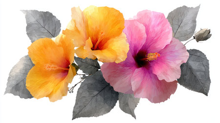 This illustration showcases colorful hibiscus blossoms, featuring orange and pink petals set against gray leaves. The composition is likely digitally created, with smooth textures and a clean presentation. Suitable for a range of design projects, the image provides a versatile visual asset for editorial and commercial purposes.の素材