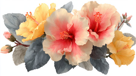 This image showcases a collection of hibiscus blooms and leaves, presented against a white backdrop. The composition highlights the flowers' soft textures and vibrant colors. The design could be suitable for various applications, including print and digital projects. It offers potential for use in designs requiring an elegant, natural element.の素材