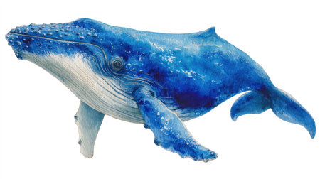 A detailed illustration depicts a majestic blue whale. The image showcases the whale's textured skin and fluid form, using a gradient of blues and whites. The composition is clean, set against a stark white backdrop, emphasizing the subject's form. This illustration could be used for educational materials or design projects.の素材