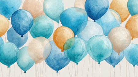 This image showcases a collection of watercolor balloons in shades of blue, orange, and cream. The composition features a repeating pattern against a neutral backdrop, with a soft, artistic style. This visual element is suitable for use in design projects, such as invitations or decorative elements. The imagery is also appropriate for general commercial uses.の素材