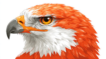 This detailed illustration depicts an eagle's profile with striking orange and white plumage. The image showcases realistic textures and bright colors. The composition is isolated against a clean white background, creating a visually appealing design. Ideal for a range of commercial and editorial applications, this image offers versatility.の素材