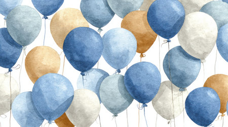 A collection of watercolor balloons ascends against a bright white backdrop. The balloons display various shades of blue, gold, and white. This image features a soft, artistic style. It could be used for various projects, including celebratory event promotion and design elements.の素材