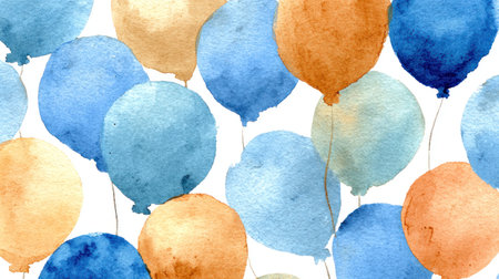 This image presents a collection of watercolor balloons in varying shades of blue and gold set against a clean white backdrop. The soft textures and artistic style suggest a festive atmosphere. Suitable for use in a variety of design projects, the image provides ample copy space for graphic compositions.の素材