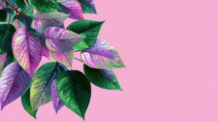 A close-up view presents various leaves with gradient colors of green, purple and white. They are arranged on the left side of a pink background. The image has a soft lighting, and it's suitable for different graphic design projects, presentations, and marketing materials.の素材