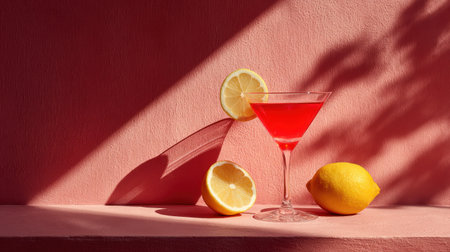 A refreshing cocktail in a glass is the central subject, complemented by lemon slices and whole lemons. The composition showcases vivid colors, with a focus on pink and yellow tones. Soft shadows and strong lighting suggest an outdoor setting. Suitable for use in lifestyle, food, and beverage-related projects.の素材