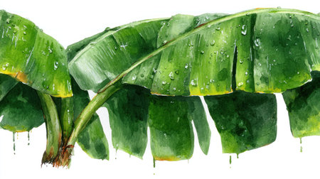 This watercolor painting showcases vibrant green banana leaves against a clean white backdrop. The leaves exhibit detailed textures and water droplets, indicating freshness. The artworkの素材