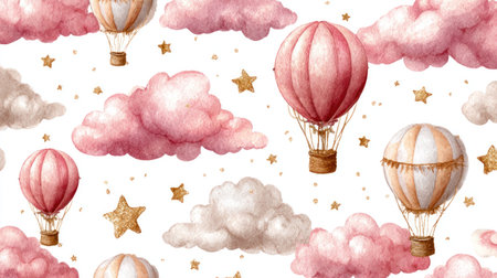 This watercolor illustration features multiple hot air balloons floating amongst clouds and stars against a white backdrop. The style presents soft textures and shades of pink, white, and gold, suggesting a dreamy, whimsical aesthetic. It is suitable for diverse applications, including designs related to children, celebrations, or general design projects.の素材
