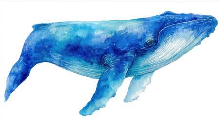 This watercolor illustration showcases a detailed blue whale, rendered in shades of blue. The artwork features soft textures and a clean, isolated composition. Suitable for educational materials, design projects, and decorative prints, the image can be used across various commercial platforms.の素材
