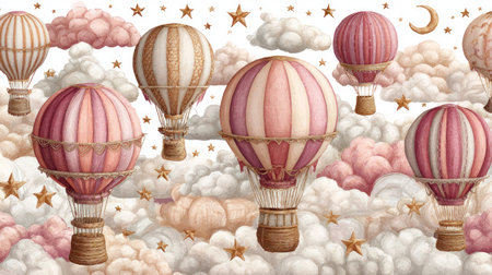 This illustration depicts several hot air balloons, rendered in soft watercolor tones of pink and tan. The balloons float amidst fluffy, light-colored clouds and golden stars, suggesting a whimsical atmosphere. The composition features a gentle, inviting style, potentially suitable for decorative projects or children's designs.の素材
