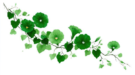 This watercolor illustration showcases vibrant green flowers and foliage arranged on a delicate vine. The artwork features soft textures and a clean, white background, creating a fresh and elegant aesthetic. It could be suitable for various design applications, including decorative elements, and digital projects.の素材