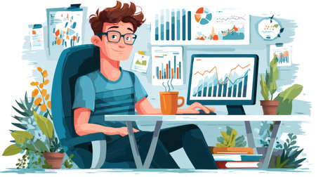 An illustration depicts a young professional at a desk with a computer displaying charts. The scene includes a coffee cup, plants, and data visualizations in the background. The style is modern, with bright colors and soft lighting. This image could be used for various commercial or editorial projects related to business or finance.の素材