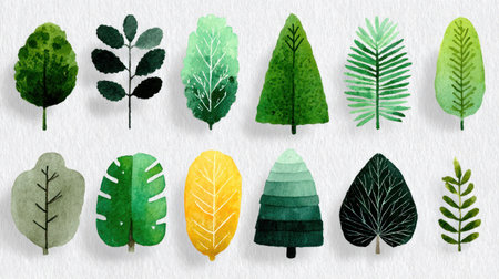 This image presents a collection of watercolor-style leaf illustrations in various shades of green and yellow. The compositions include diverse shapes and textures. The illustrations are set against a plain white background, which are suitable for various design projects and editorial content needs.の素材