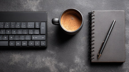 An overhead view displays a keyboard, a cup of coffee, a notebook, and a pen. The scene features dark tones, soft lighting, and a textured surface. Suitable for commercial purposes, this image could be utilized to convey concepts of work, writing, or break time.の素材